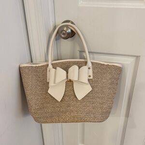 Like Dreams Neutral Straw Tote with Cream Bow Accent
